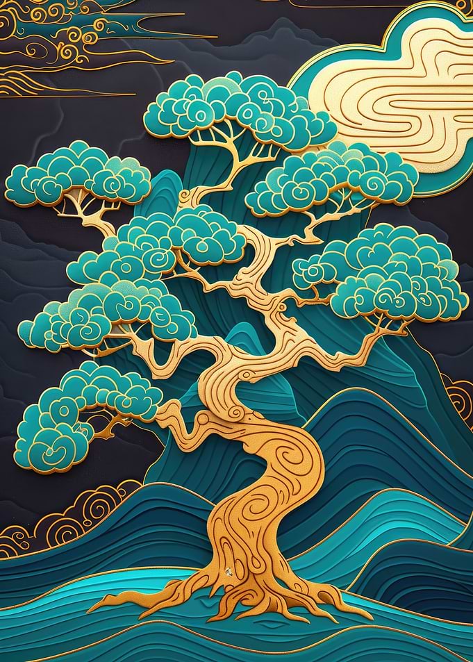 Gold & Teal Bonsai Tree