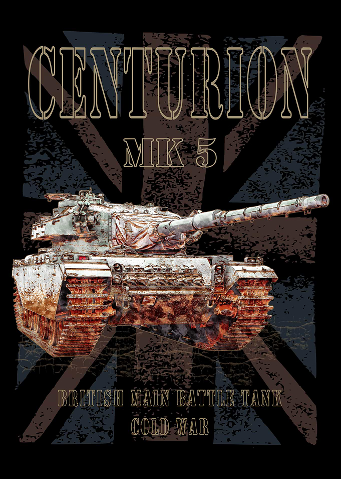 Centurion MK 5 MBT. British Main Battle Tank of the Cold War with distressed Union Jack Flag in background