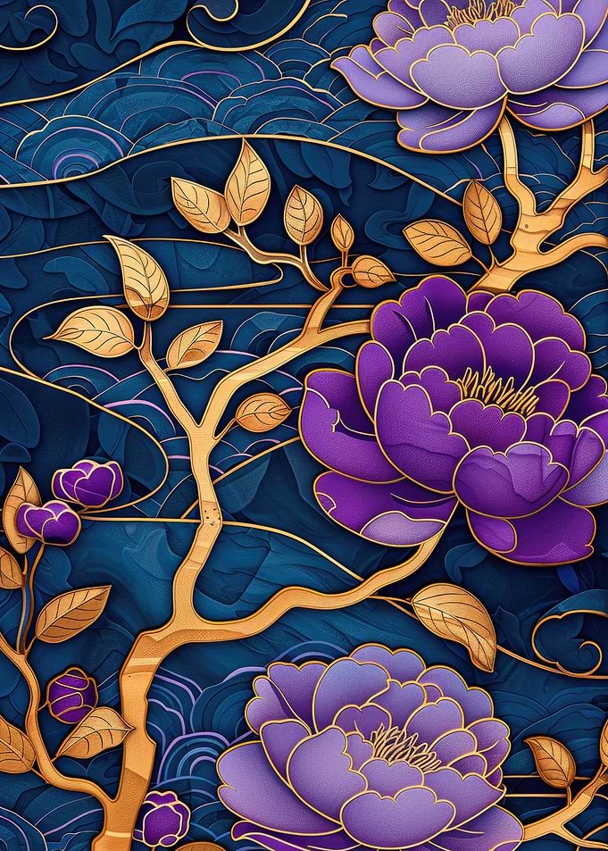 Purple Peonies on Blue