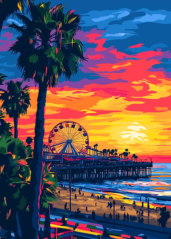 California Beach Pier Sunset Abstract Minimalist Art Illustration
