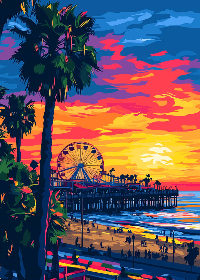 California Beach Pier Sunset Abstract Minimalist Art Illustration