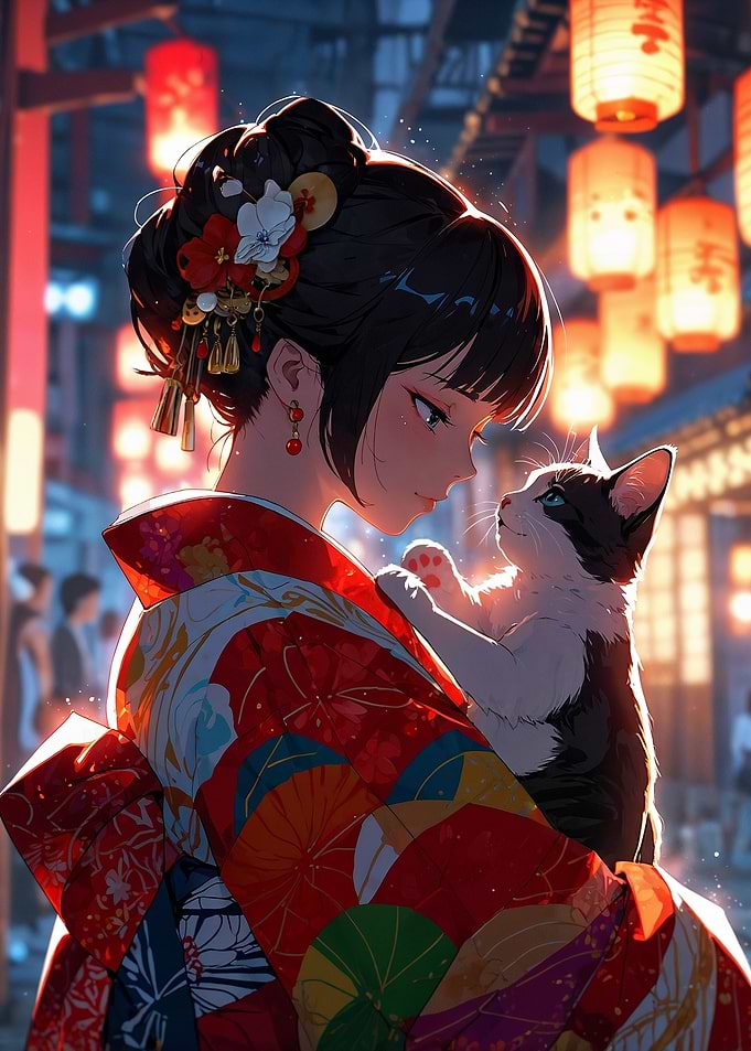 Japanese girl in Kimono with Cat Anime Style