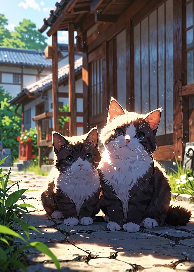 Cute Kittens in Japanese Village Anime Style