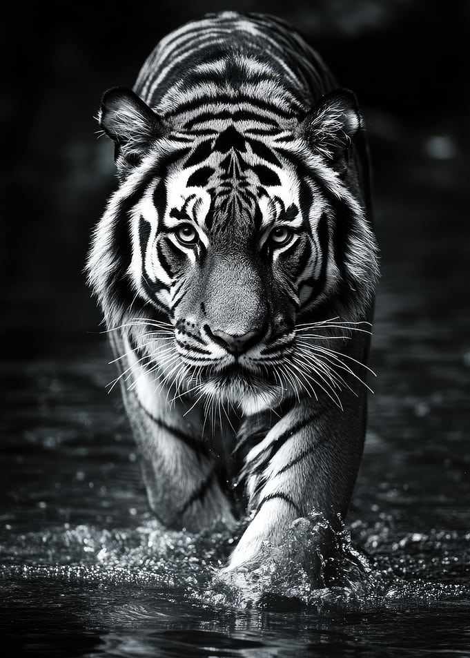 Tiger in Water Black and White Photo