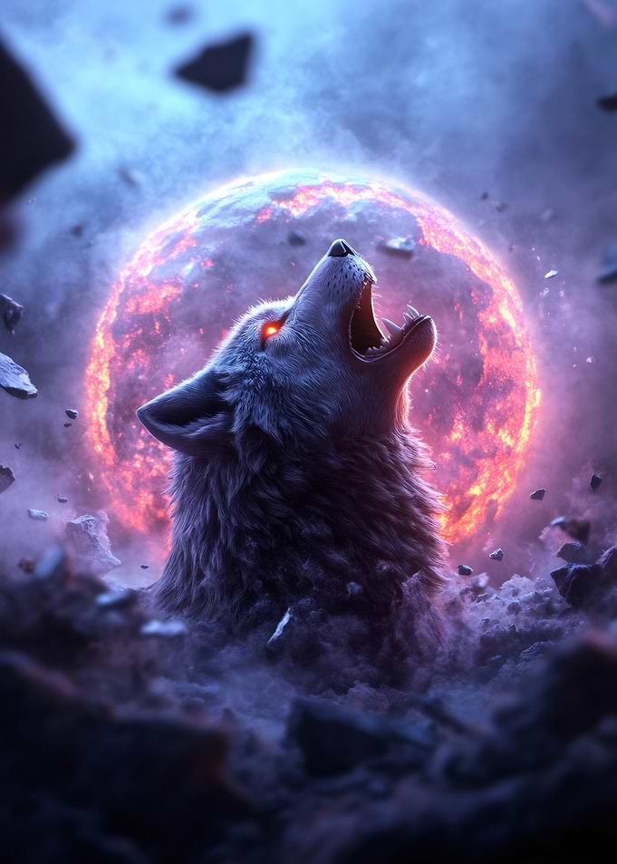 Wolf Howling at Burning Planet