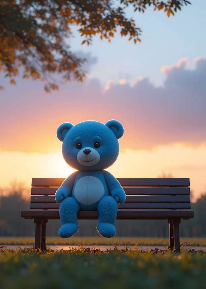 Blue Teddy Bear on Bench