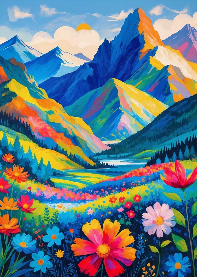 Colorful Mountain Landscape Painting