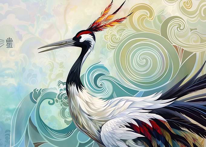 Crane in Swirling Clouds