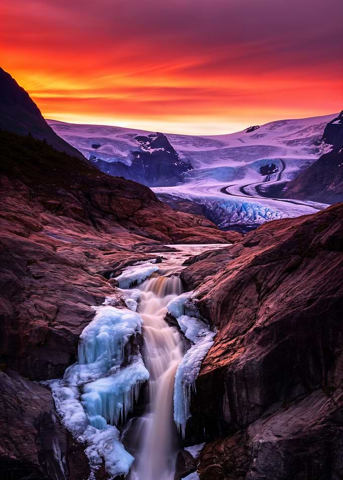 Glacier Waterfall Sunset