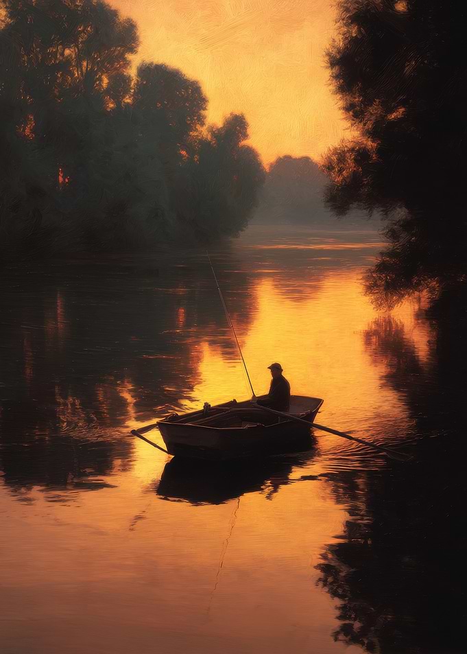 Silhouette of Fisherman at Sunset