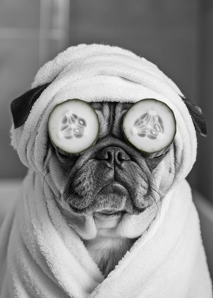 Pug in a Towel with Cucumber Slices Funny Bathroom Poster