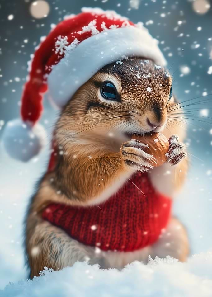 Adorable chipmunk wearing a red sweater and Santa hat, holding a nut while snow falls