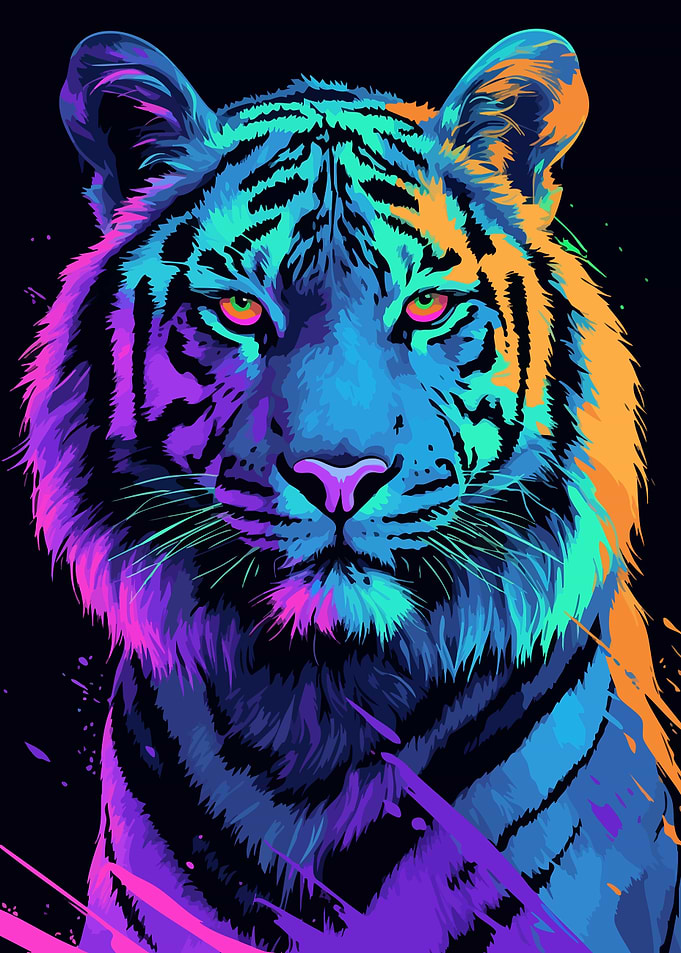 Retro Neon Tiger Portrait Minimalist Art Illustration