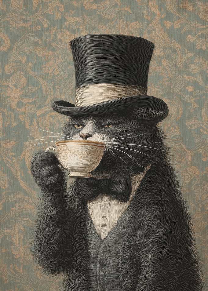 Cat in Top Hat with Tea