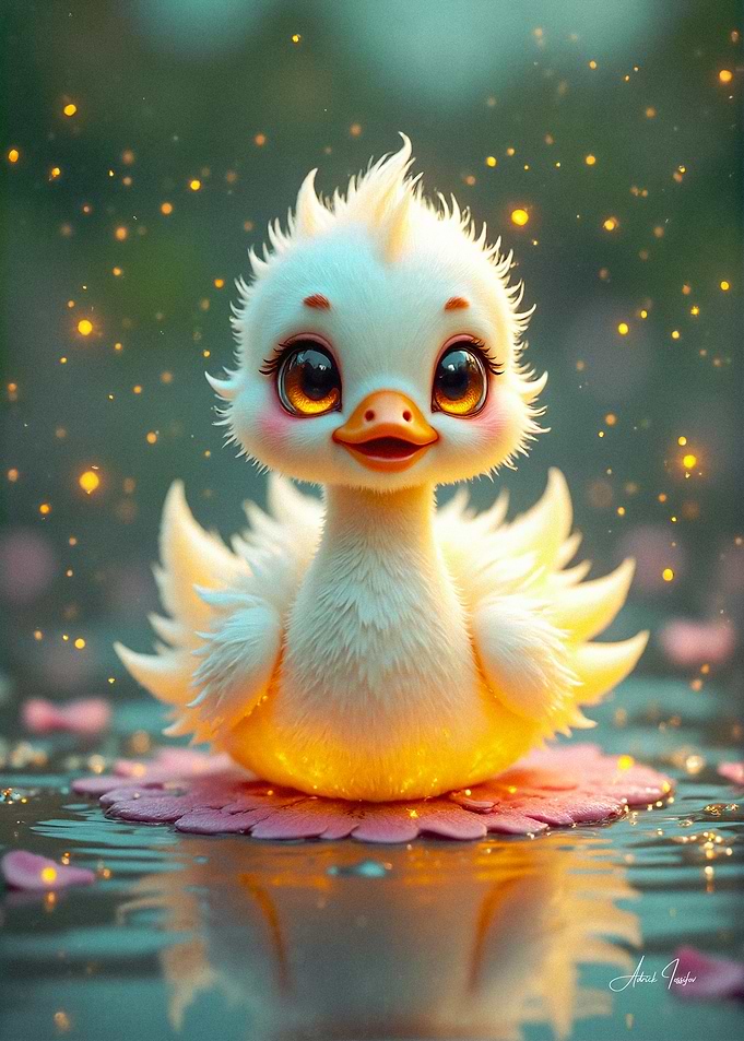 Cute Duckling on Water Lily