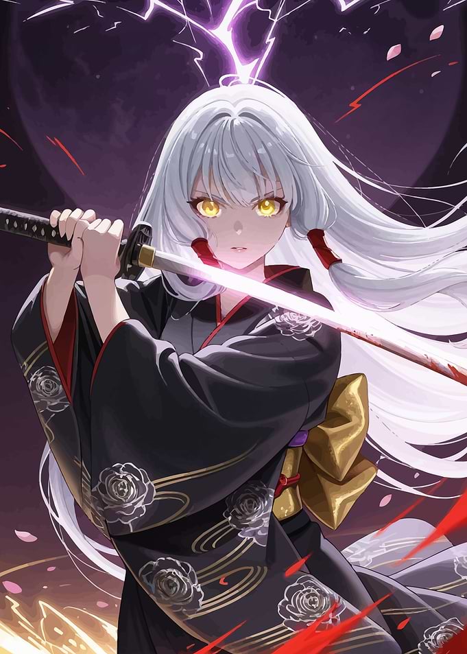 Anime Samurai Girl with silver hair