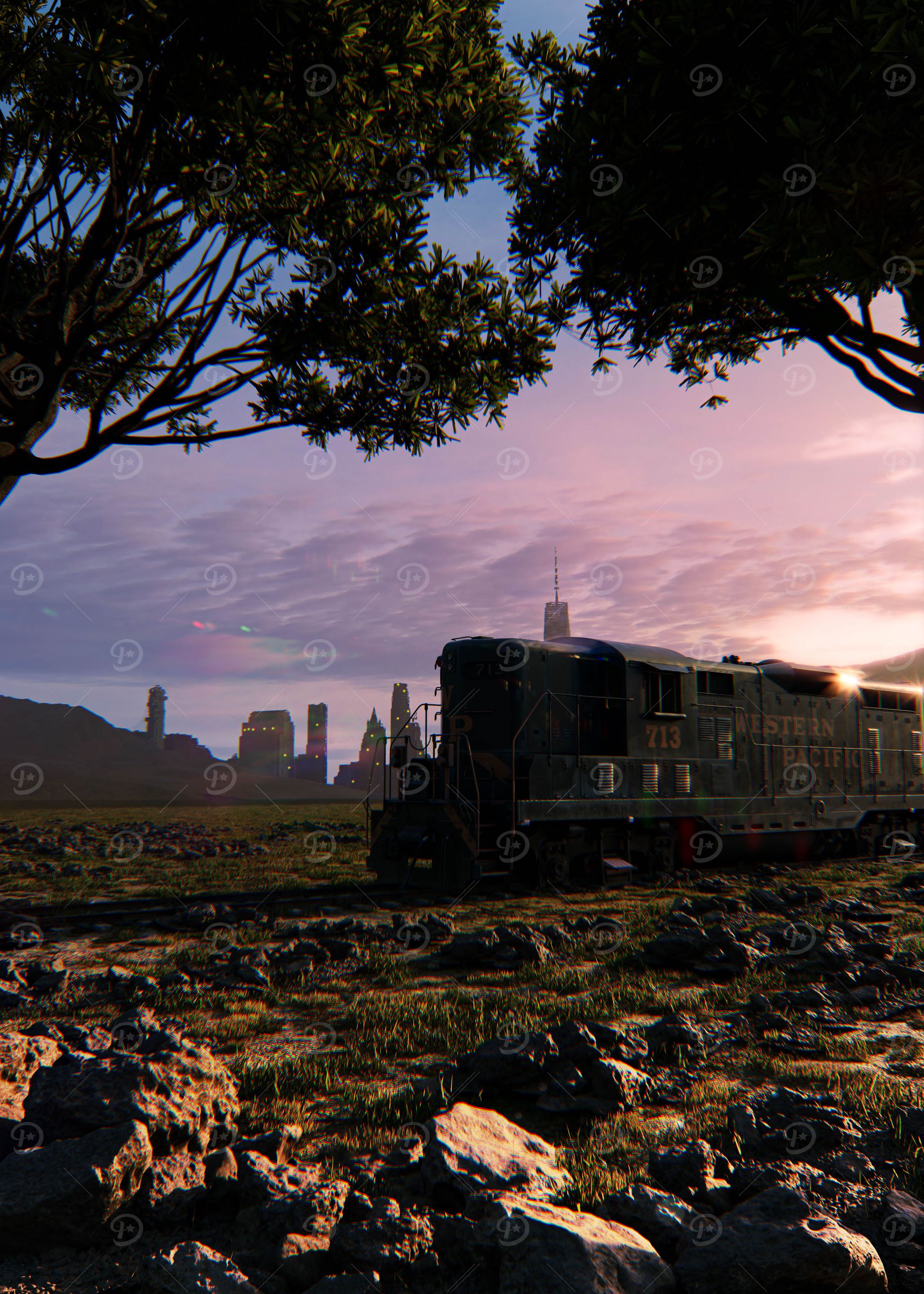 Train in a Post-Apocalyptic Cityscape