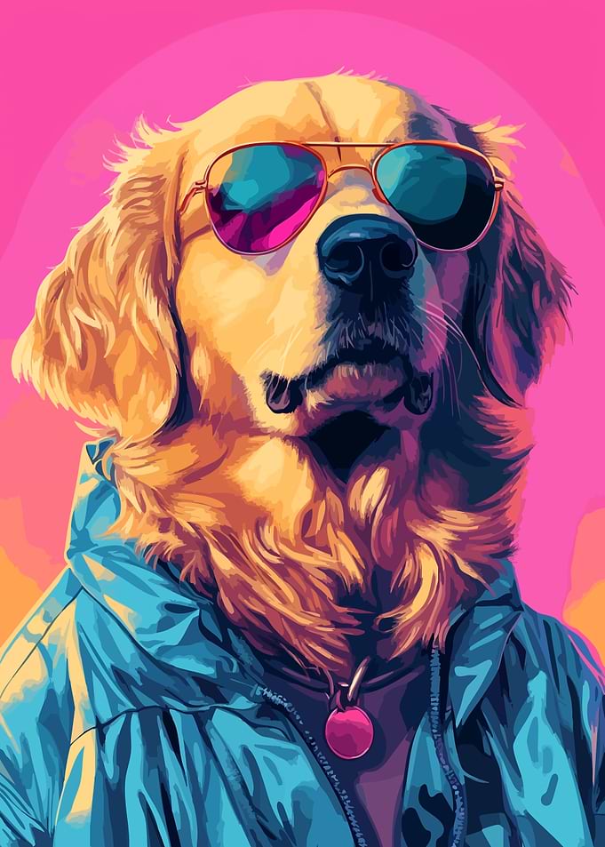 Cool Retro Golden Retriever in Sunglasses Minimalist Art Illustration