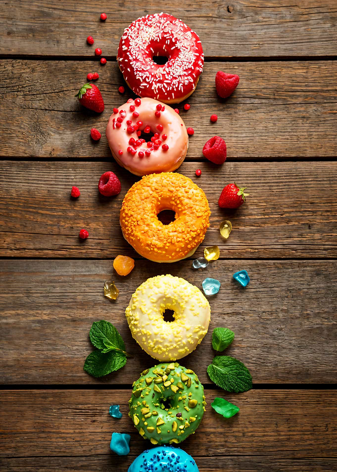 Rainbow Donuts on Wood