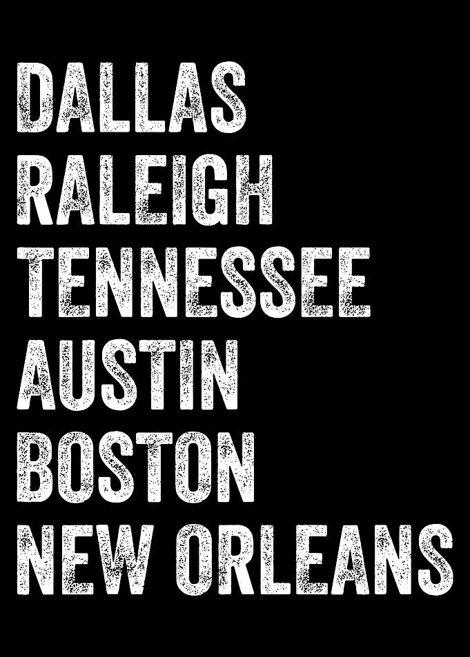 US Cities Typography, Dallas Raleigh Tennessee Austin Boston New Orleans Decal