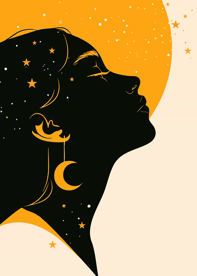Silhouette Woman with Moon Earring Minimalist Art Illustration