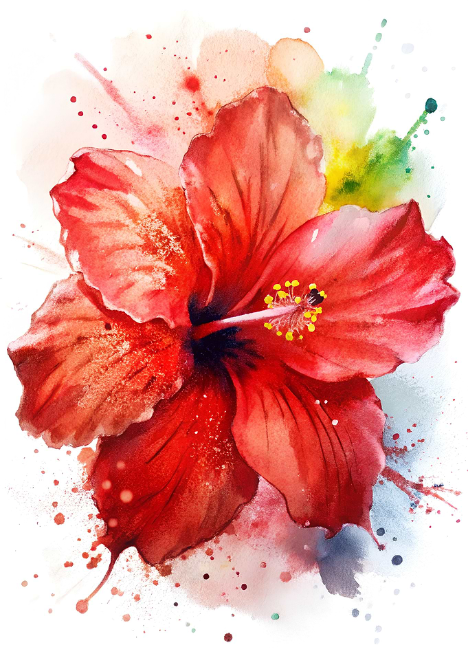 Watercolor splash-style painting of a red hibiscus flower