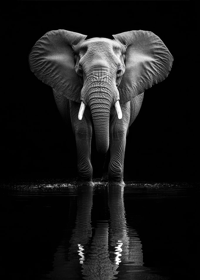 Elephant in Water Black and White Photo