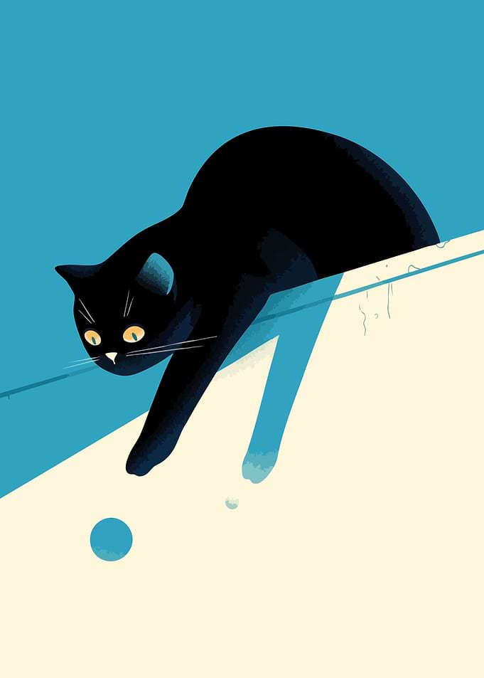 Black Cat Playing with Dot Minimalist Art Illustration