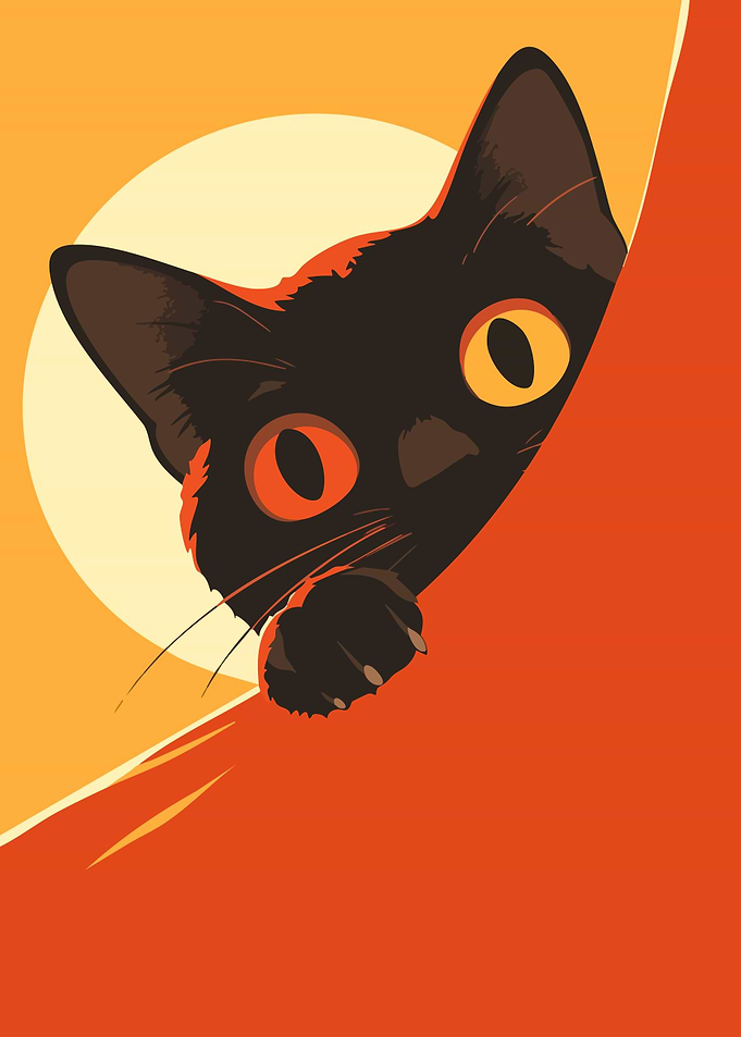 Black Cat Peeking Orange Aesthetics Minimalist Art Illustration