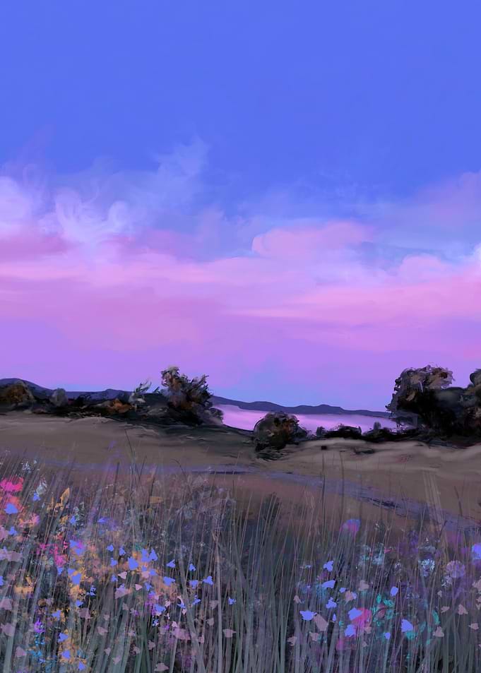 Pink Clouds Surreal Landscape Purple Sunset Floral Meadow