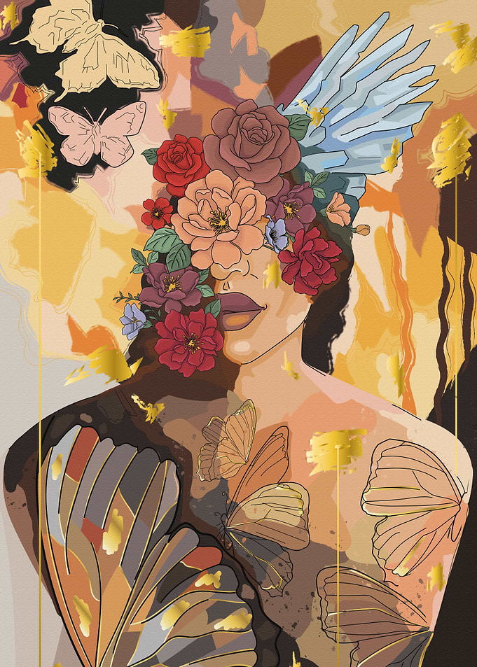 Floral Portrait with Butterflies