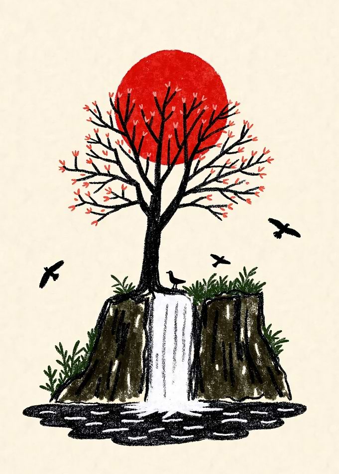 Japanese Waterfall and Tree