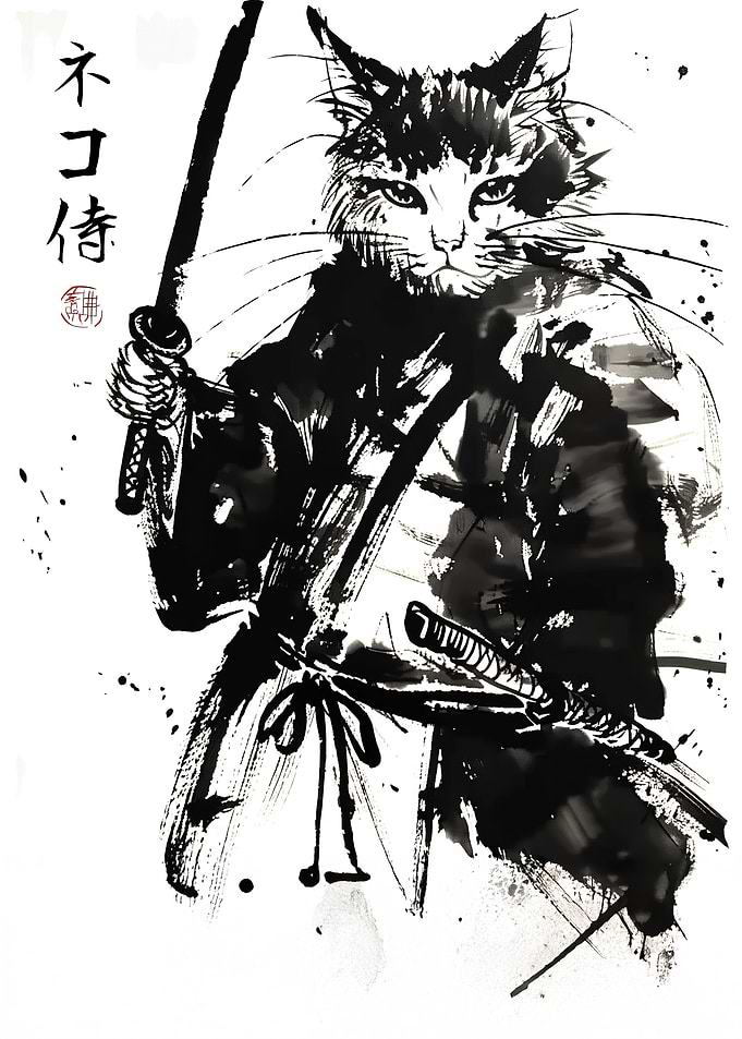Samurai Cat Ink Painting Sumi-e Japanese art