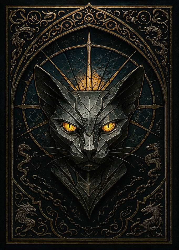 Golden Eyes Cat – Gothic Stained Glass Fantasy Poster