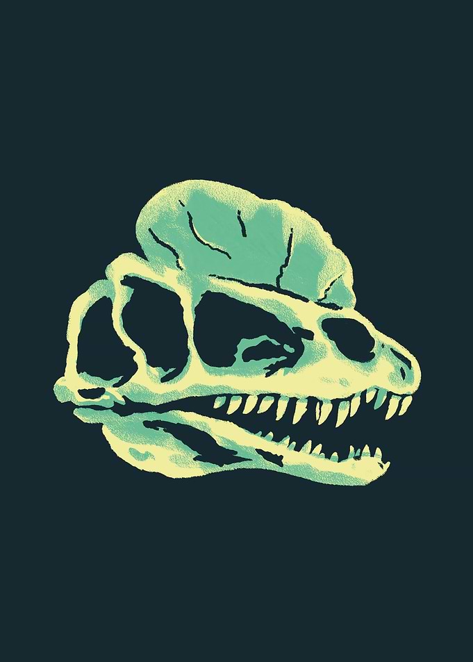 Neon Dinosaur skull fossil of Dilophosaurus