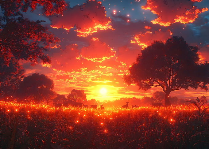 Sunset Meadow with Fireflies