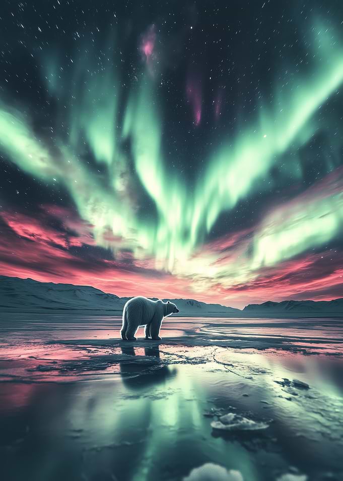 Polar Bear In Aurora Sky