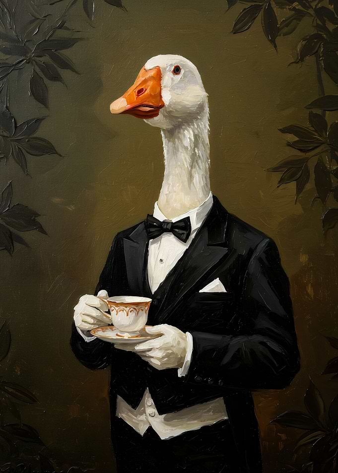 Goose in Tuxedo with Tea