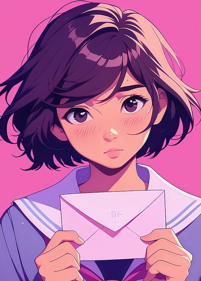 Anime girl holding love letter with blushing expression on pink background