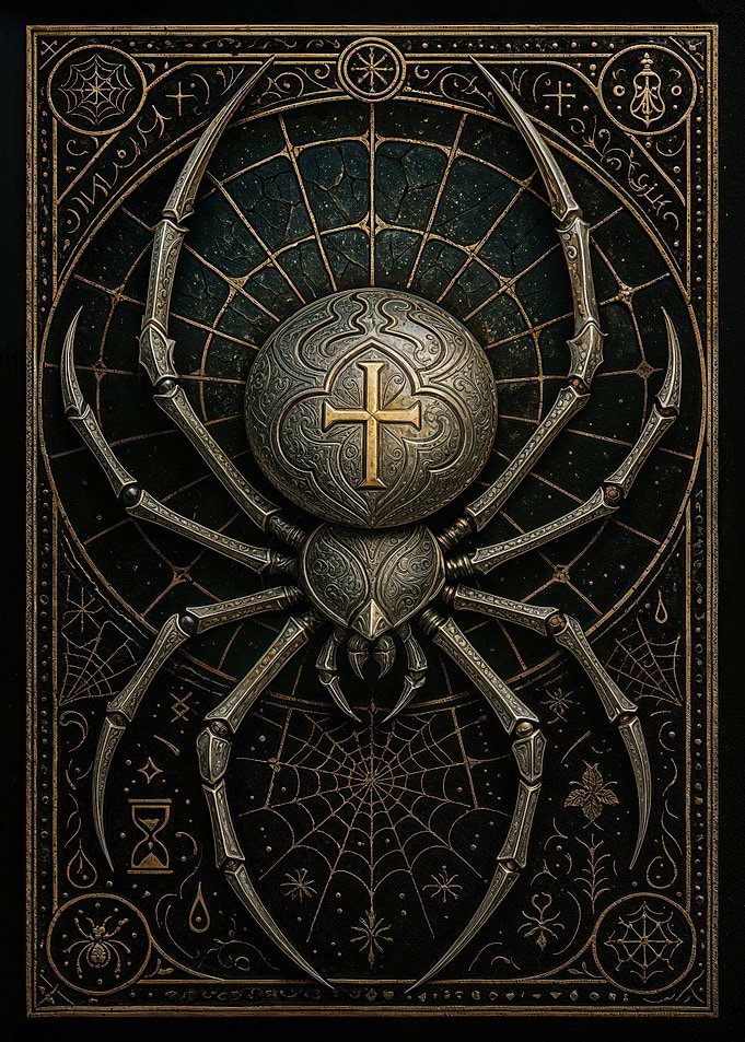 Metallic Spider Cross – Gothic Medieval Insect Poster
