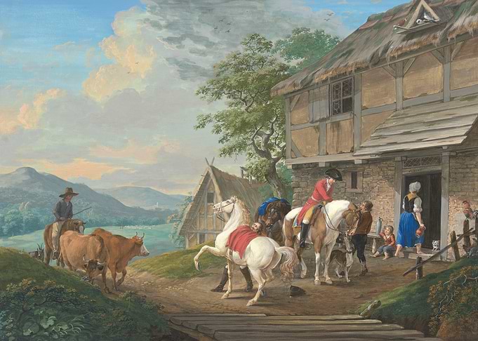 Two riders with a packing horse holding in front of a farmhouse