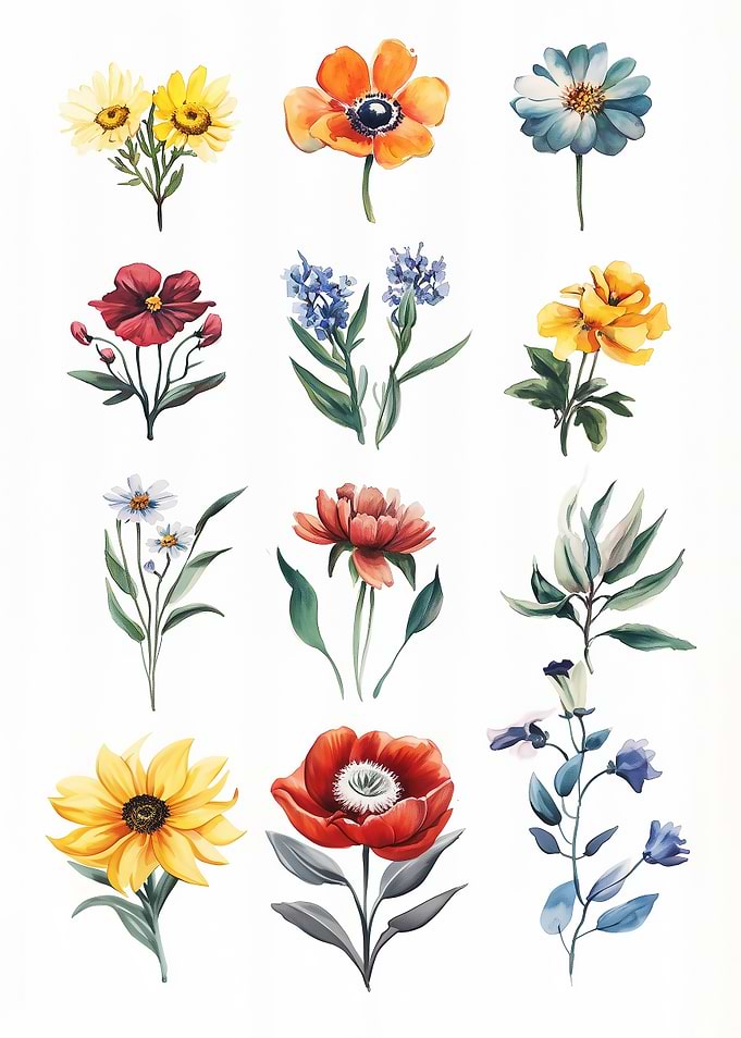 Pinwand Watercolor Flower Set