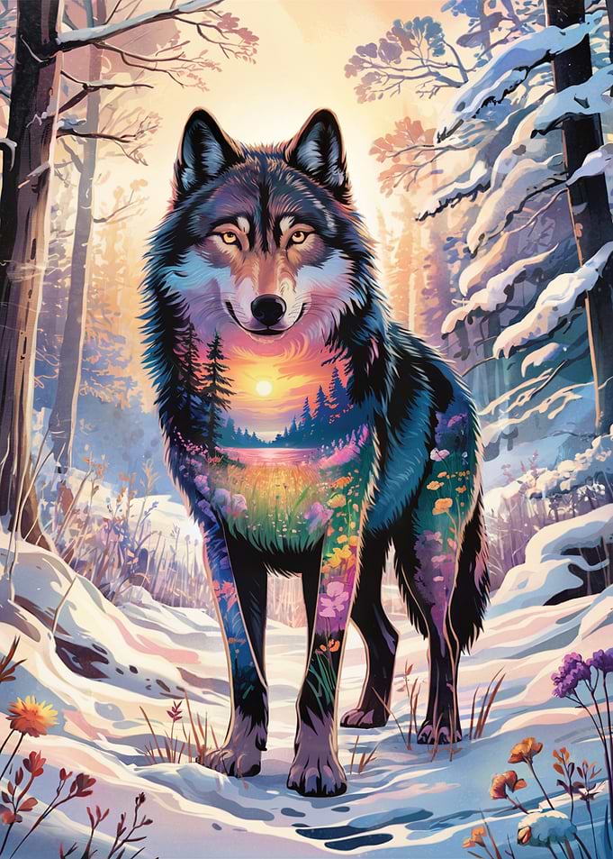 Spirit of the Seasons – Wolf Landscape Double Exposure Art