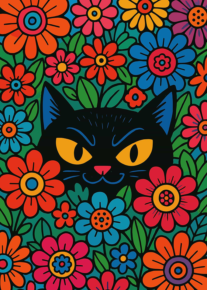 Black Cat in Flowers