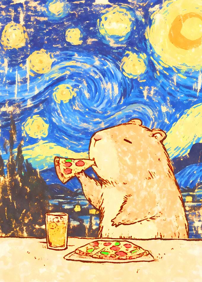 Kawaii Capybara eating Pizza