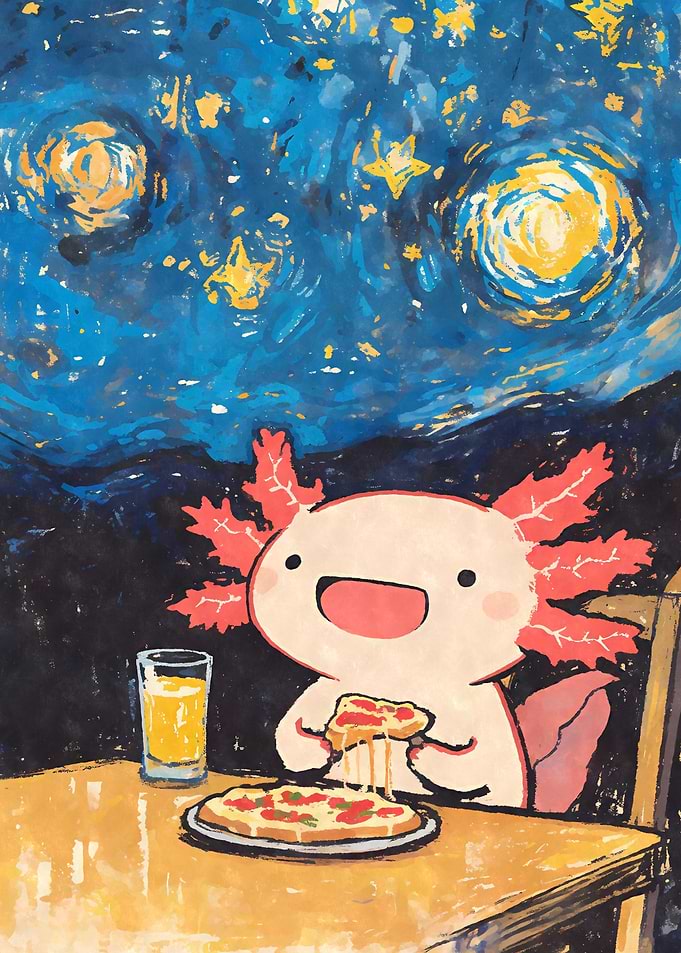 Kawaii Axoloti Eating Pizza