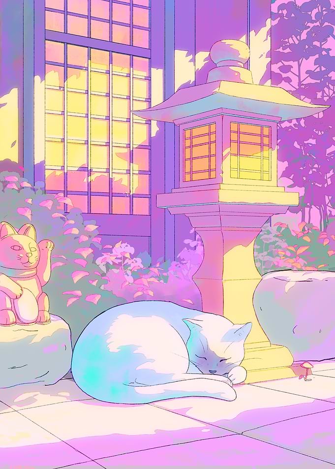 Cat Napping in Japanese Garden