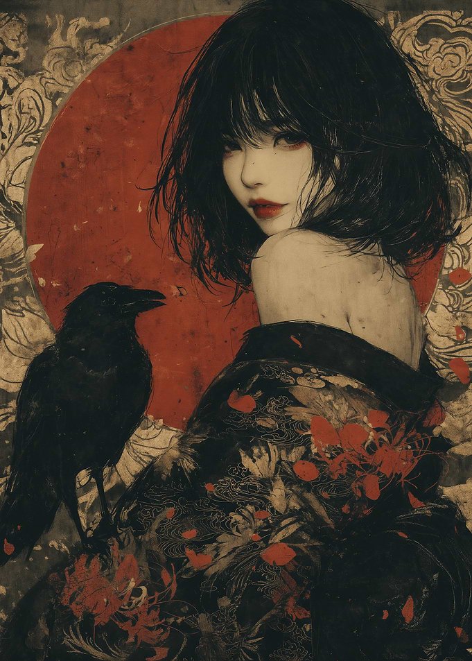 Japanese Woman in Kimono with Crow