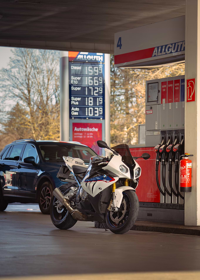BMW Motorcycle at Gas Station