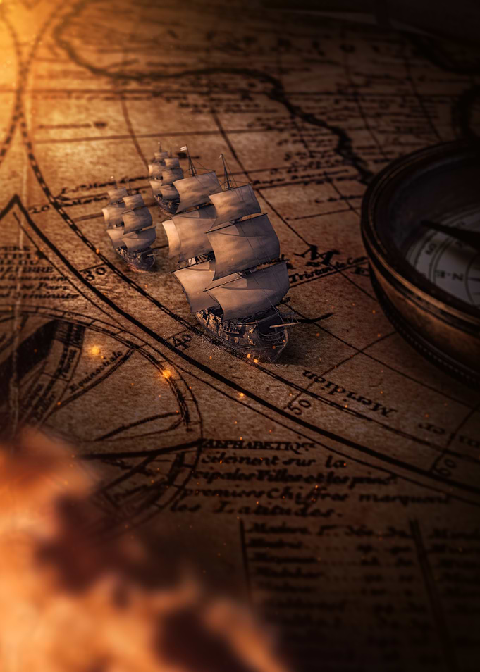 Ships on Antique Map